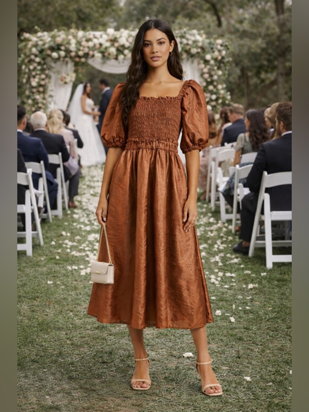 Moon River Anthropologie Smocked Rust Metallic Midi Puff Sleeves Brown M NWT